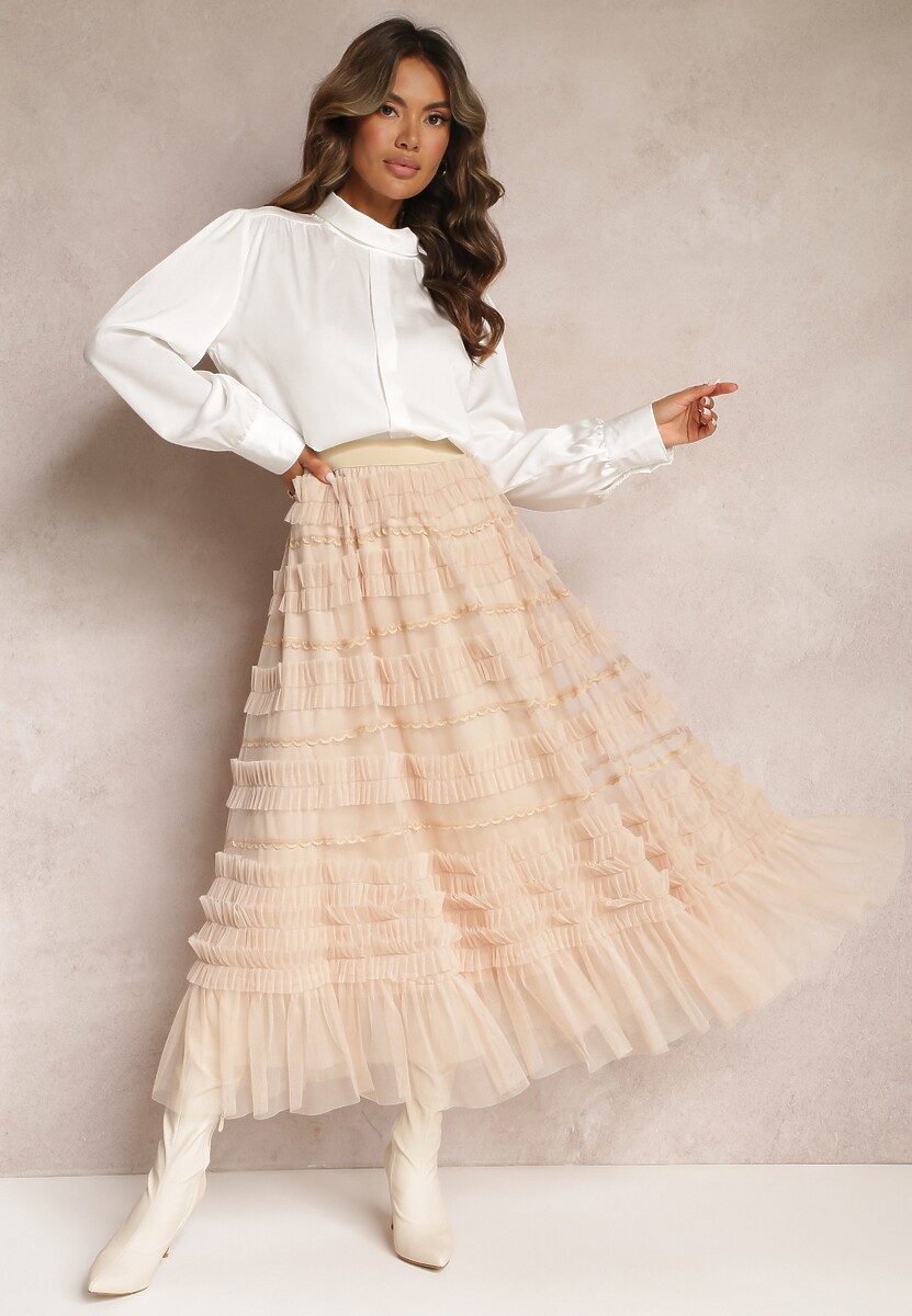 Beżowa Rozkloszowana Spódnica Maxi Zdobiona Falbankami z Tiulu z Gumką w Pasie Remina