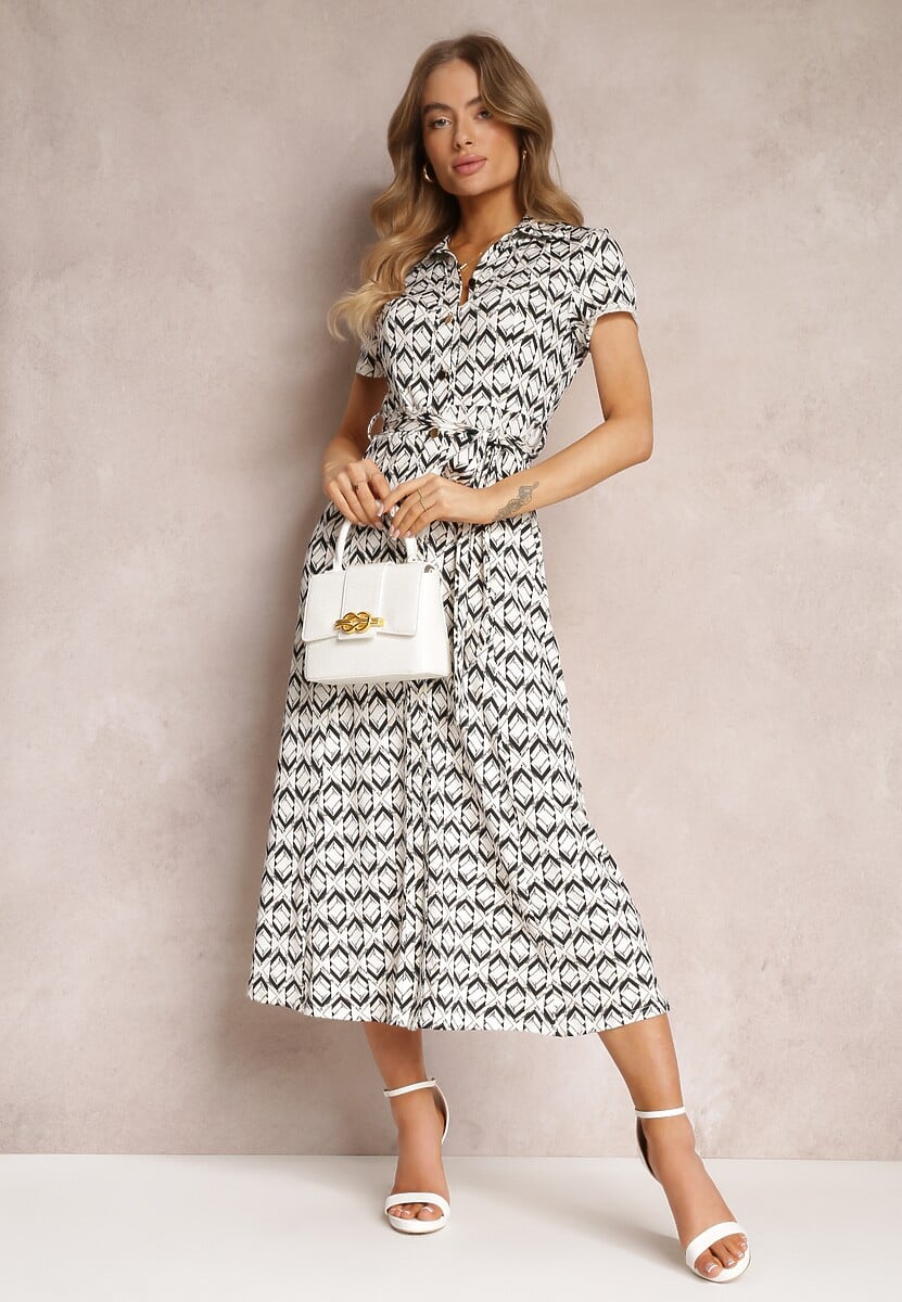 Beżowo-Czarna Sukienka Mamci Koszulowa Wiązana w Pasie Maevana