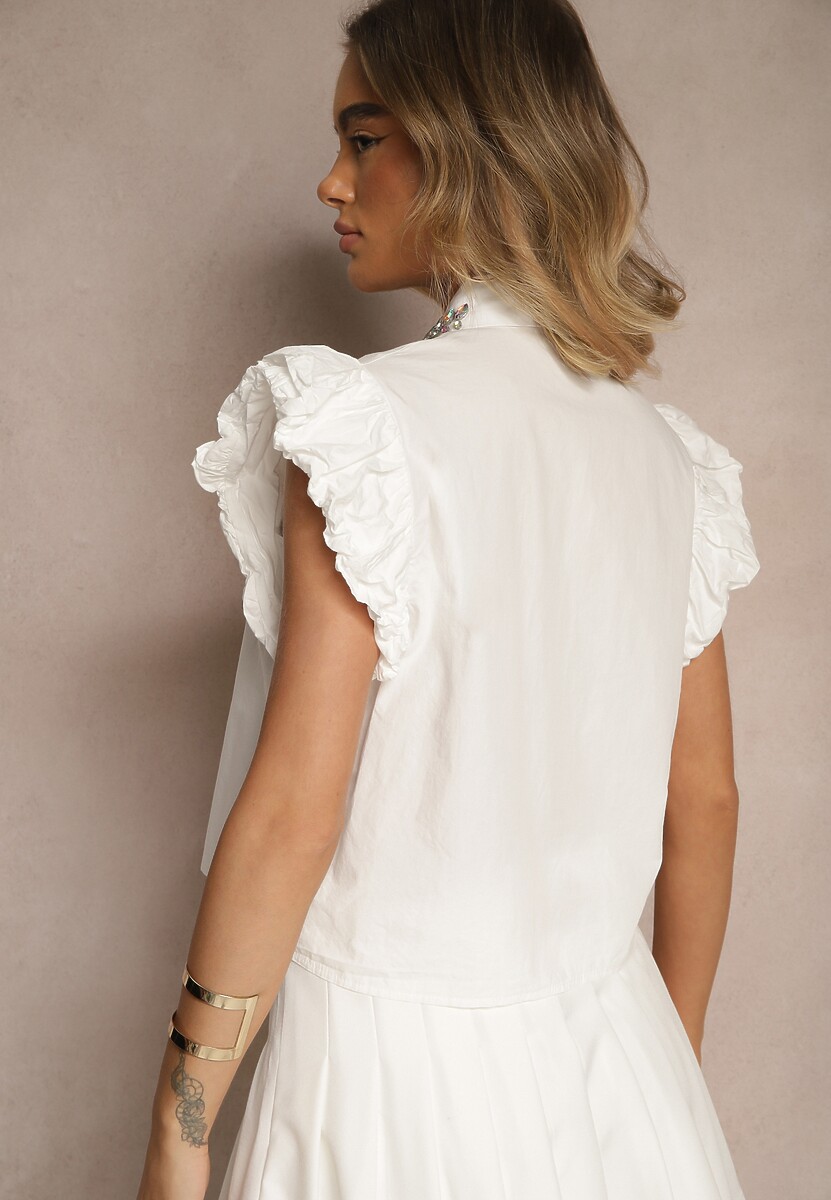 Biała Koszula z Bawełny z Cyrkoniami i Falbankami Ranelis