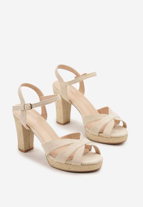 Beżowe Sandały na Słupkowym Obcasie o Tweedowej Fakturze Fodivira