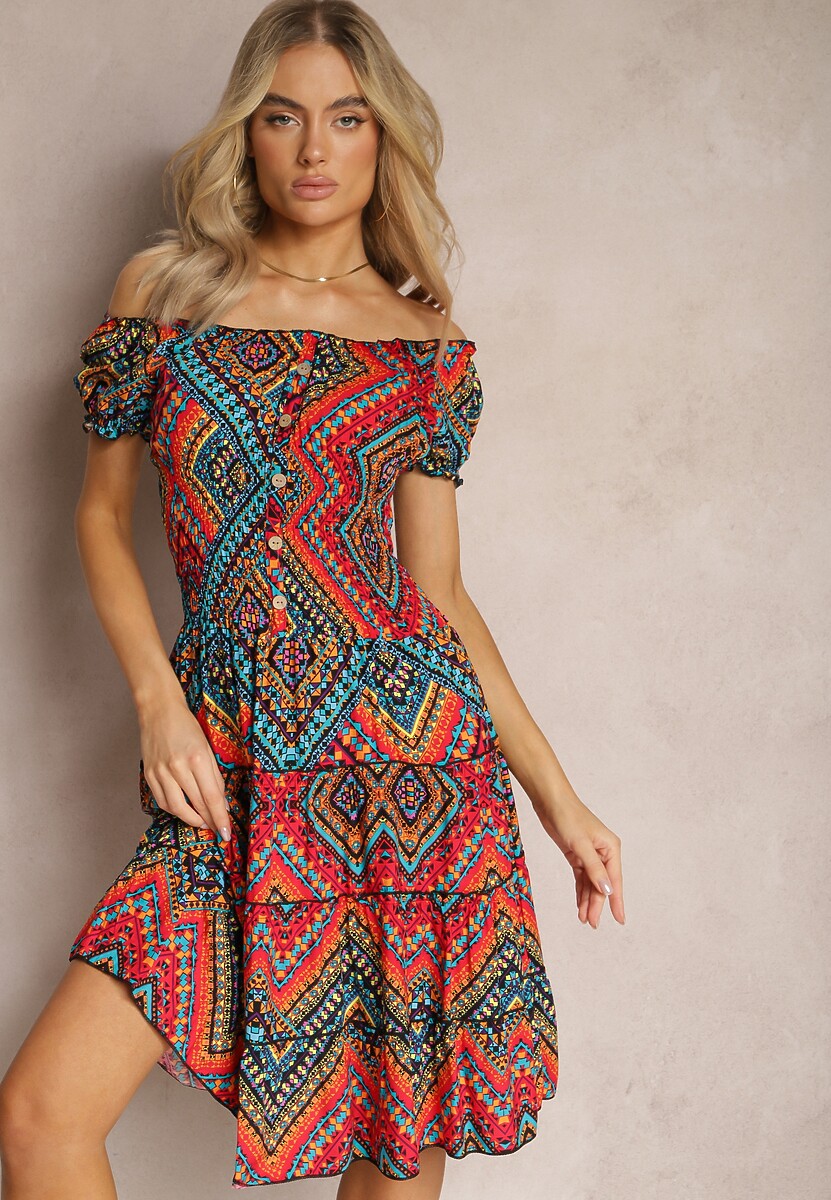 Czerwona Elastyczna Sukienka Boho z Hiszpańskim Dekoltem z Bawełny  Solphina