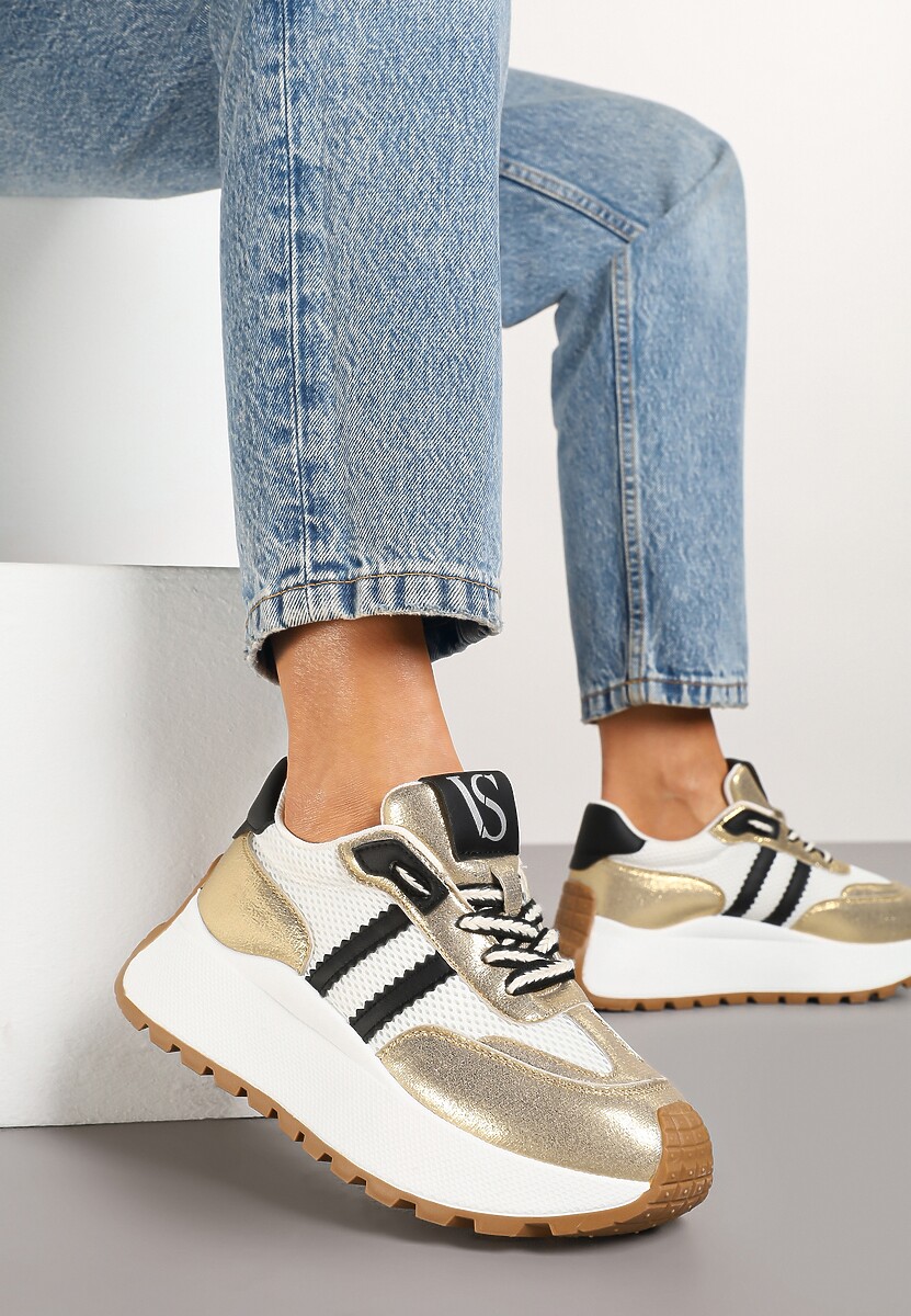 Białe Sneakersy Vices na Platformie z Metalicznymi Paskami Lenela