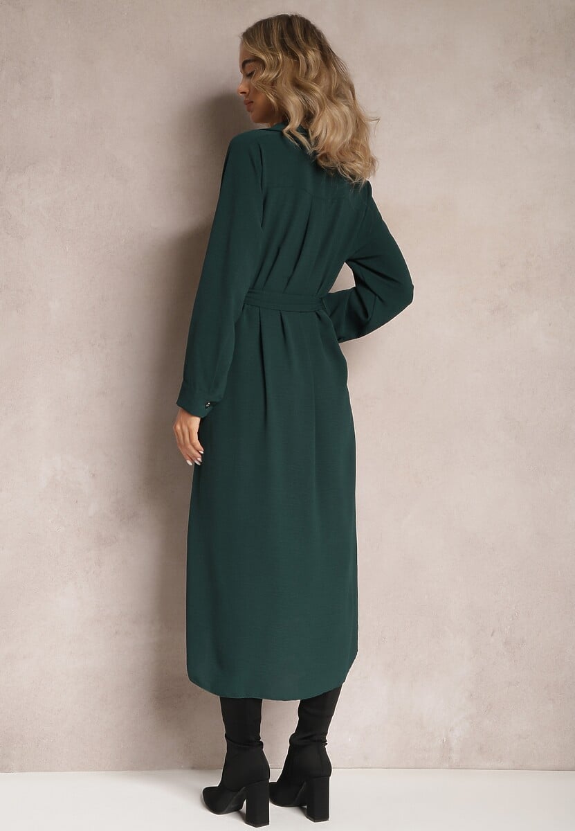 Ciemnozielona Sukienka Koszulowa z Paskiem Vartivar