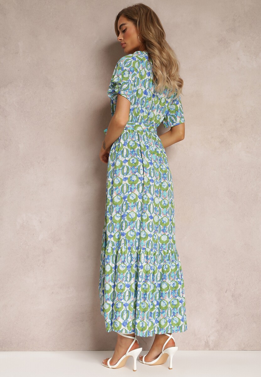 Zielona Sukienka z Wiskozy i Kopertowym Dekoltem w Fantazyjny Print Abai