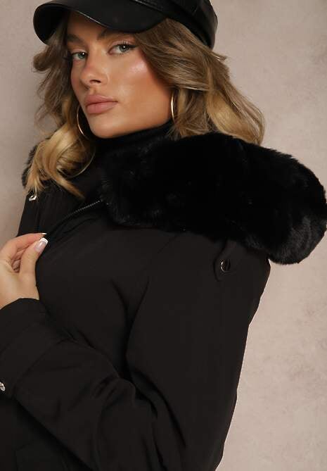 Czarna Długa Kurtka o Fasonie Parki z Futerkiem Edelais