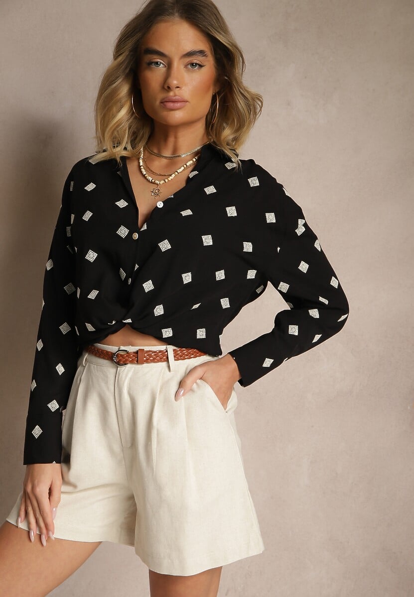 Czarna Wiskozowa Koszula z Dodatkiem Lnu Zdobiona Haftem w Romby Fadeira