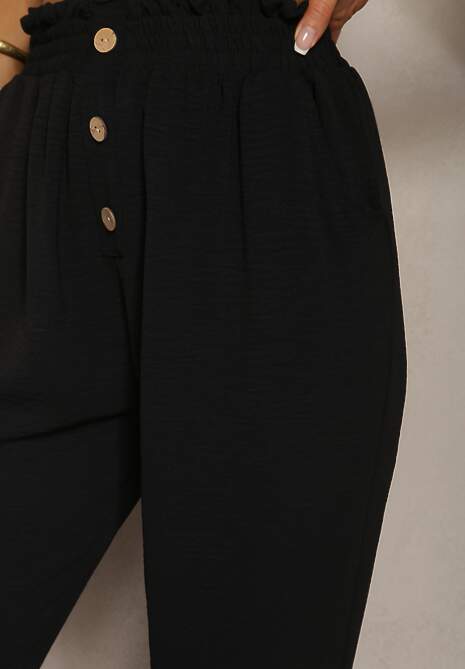 Czarne Spodnie Typu Paper Bag High Waist z Gumką w Talii Salvavia