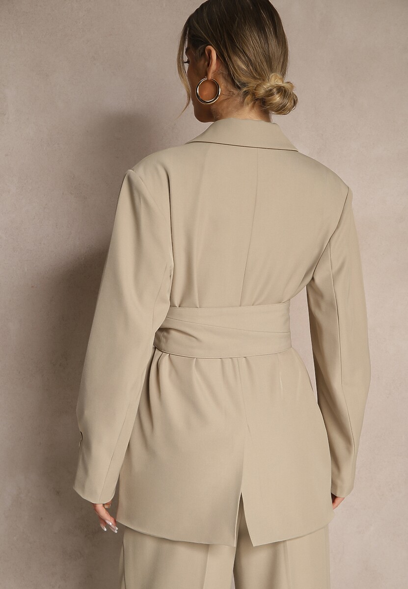 Beżowa Dwurzędowa Marynarka z Geometrycznym Wiązanym Paskiem Lanniva