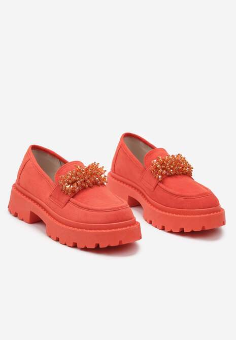 Pomarańczowe Mokasyny z Aplikacją z Biżuteryjnych Koralików Viatalia