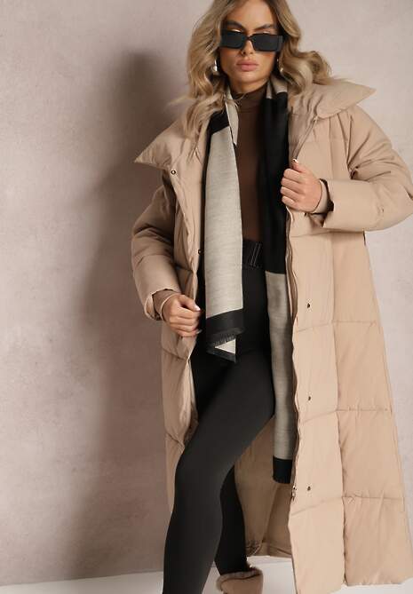 Beżowa Długa Kurtka Pikowana Płaszcz z Paskiem Adellesstta