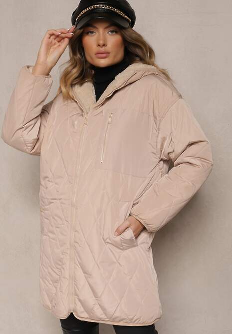 Beżowa Pikowana Kurtka Dwustronna z Futrem i Kapturem Emalira