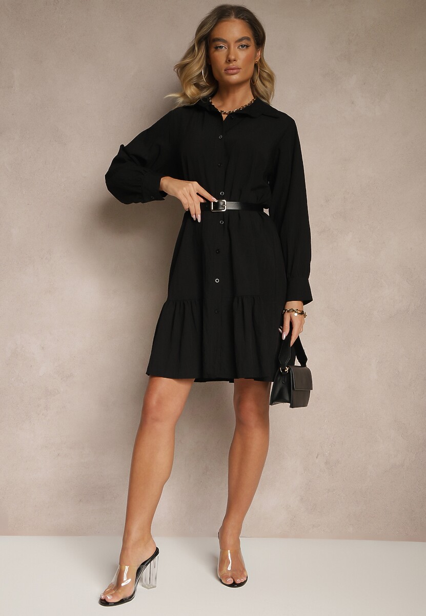 Czarna Koszulowa Sukienka z Wiskozą Zakończona Falbanką Tirzedi