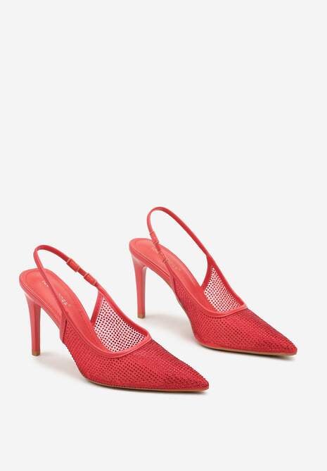 Czerwone Cyrkoniowe Szpilki ze Szpiczastym Noskiem i Odsłoniętą Piętą Sanaraia