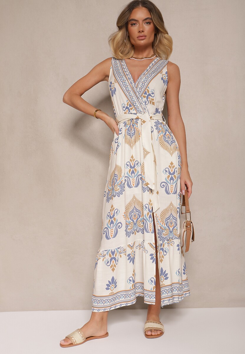 Jasnoniebieska Kopertowa Sukienka z Wiskozy Ozdobiona Paskiem Eralitia