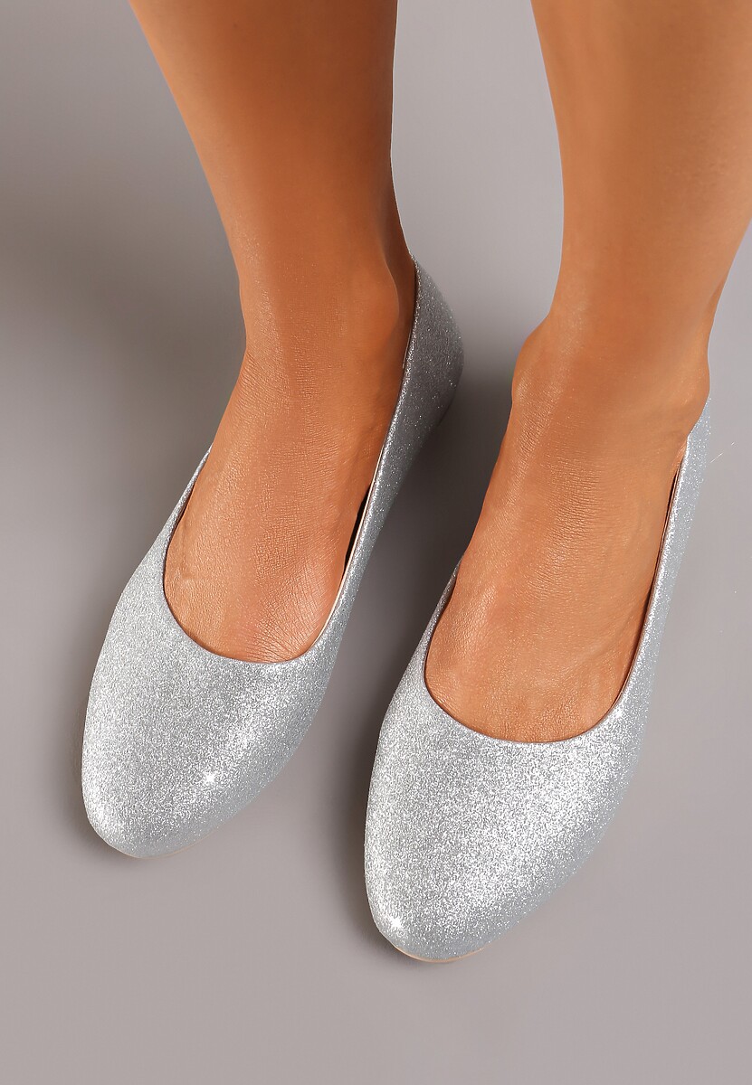 Srebrne  Brokatowe Balerinki na Płaskiej Podeszwie Uarneli