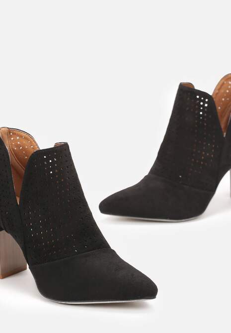 Czarne Ażurowe Botki z Wycięciami i Ozdobnym Słupkiem Belline