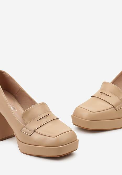 Beżowe Czółenka z Noskiem w Kwadrat na Słupku i Platformie z Ozdobnym Wycięciem Drizona