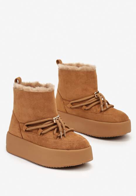 Brązowe Śniegowce na Grubej Podeszwie Bez Zapięć z Imitacją Sznurowadeł Kaithena