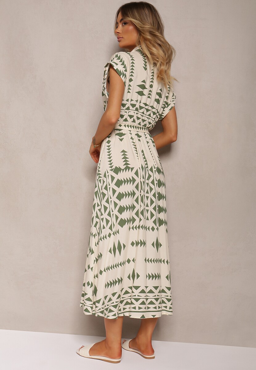 Beżowo-Zielona Taliowana Sukienka z Wiskozy z Materiałowym Paskiem w Talii Nasiona