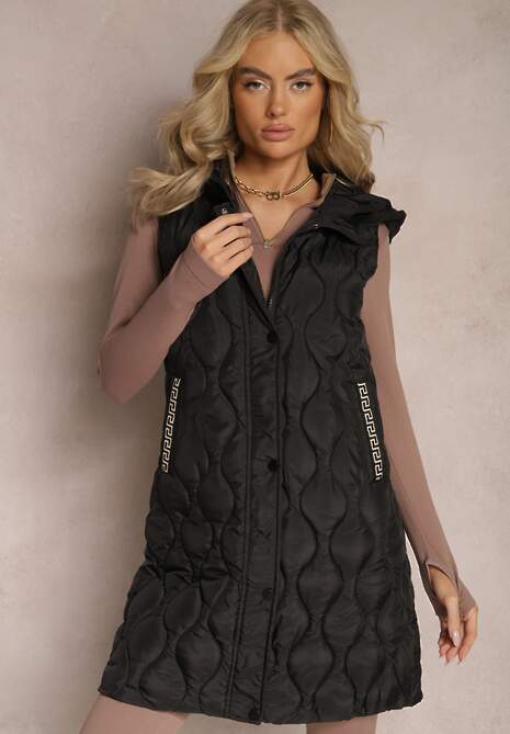 Czarna Długa Kamizelka Pikowana z Kapturem Nallona