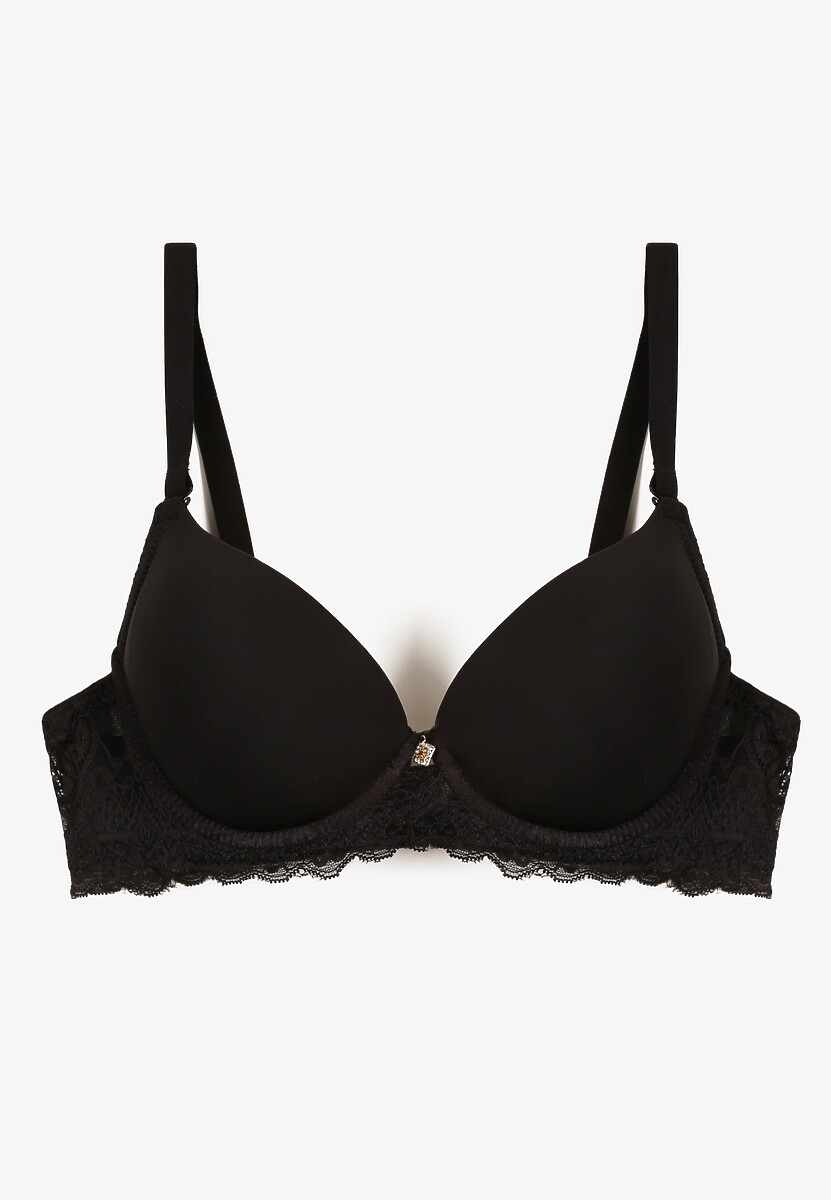 Czarny Biustonosz Full Cup z Efektem Push-Up Zdobiony Koronką Militi