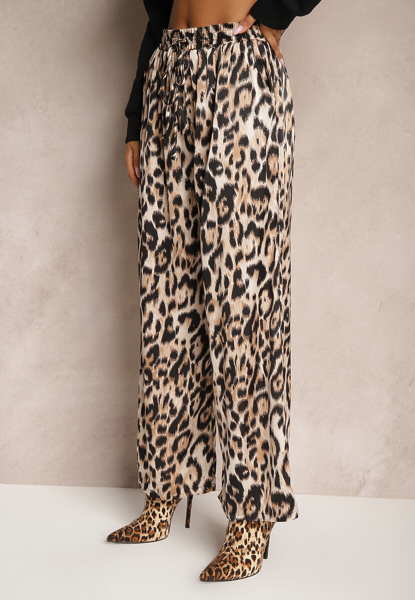 Brązowe Spodnie Typu Palazzo z Jedwabiem z Gumką w Talii o Zwierzęcym Wzorze Elanea