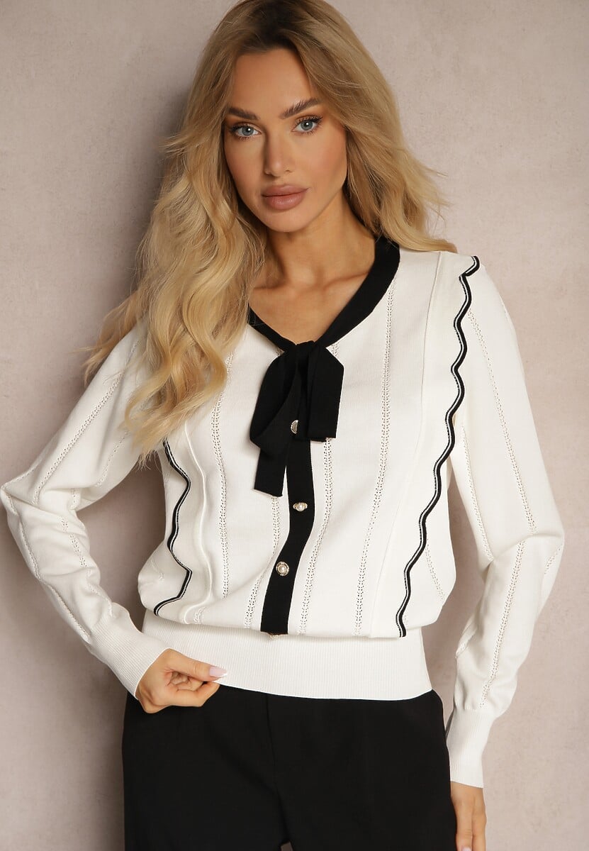 Brązowy Sweter z Wiskozą z Ozdobnymi Guzikami i Kokardą w Stylu Retro Miaraine