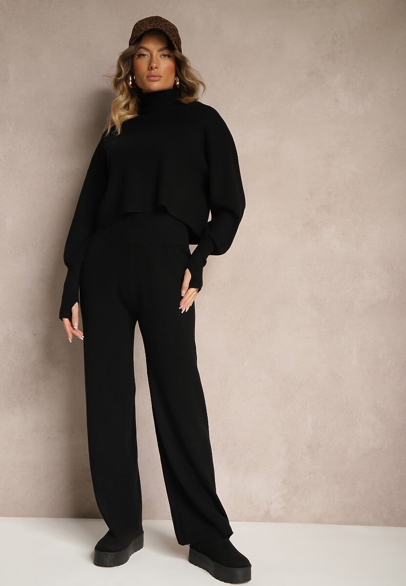 Czarny Komplet Dzianinowy z Wiskozą Spodnie o Szerokim Kroju Góra z Golfem Norathira