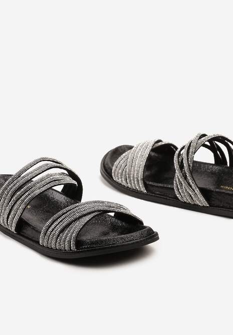 Czarne Klapki z Brokatową Podeszwą i Paskami z Cyrkoniami Triaemilia