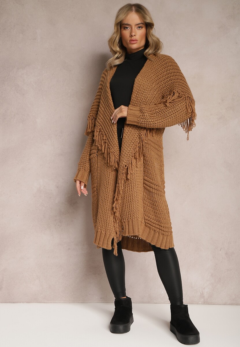 Brązowy Niezapinany Kardigan o Długim Kroju z Frędzlami Finantia