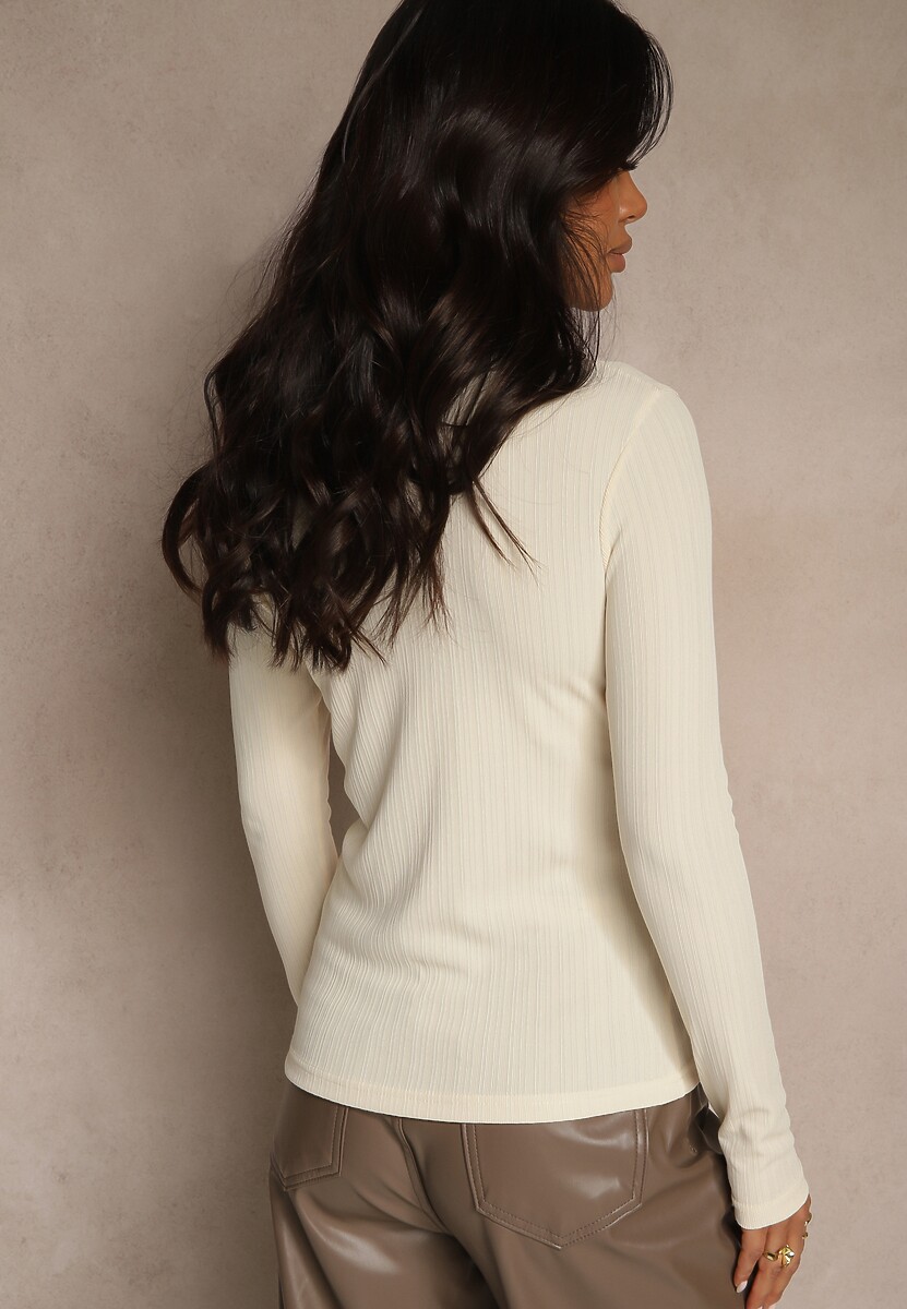 Beżowa Klasyczna Bluzka Longsleeve z Golfem Raleia