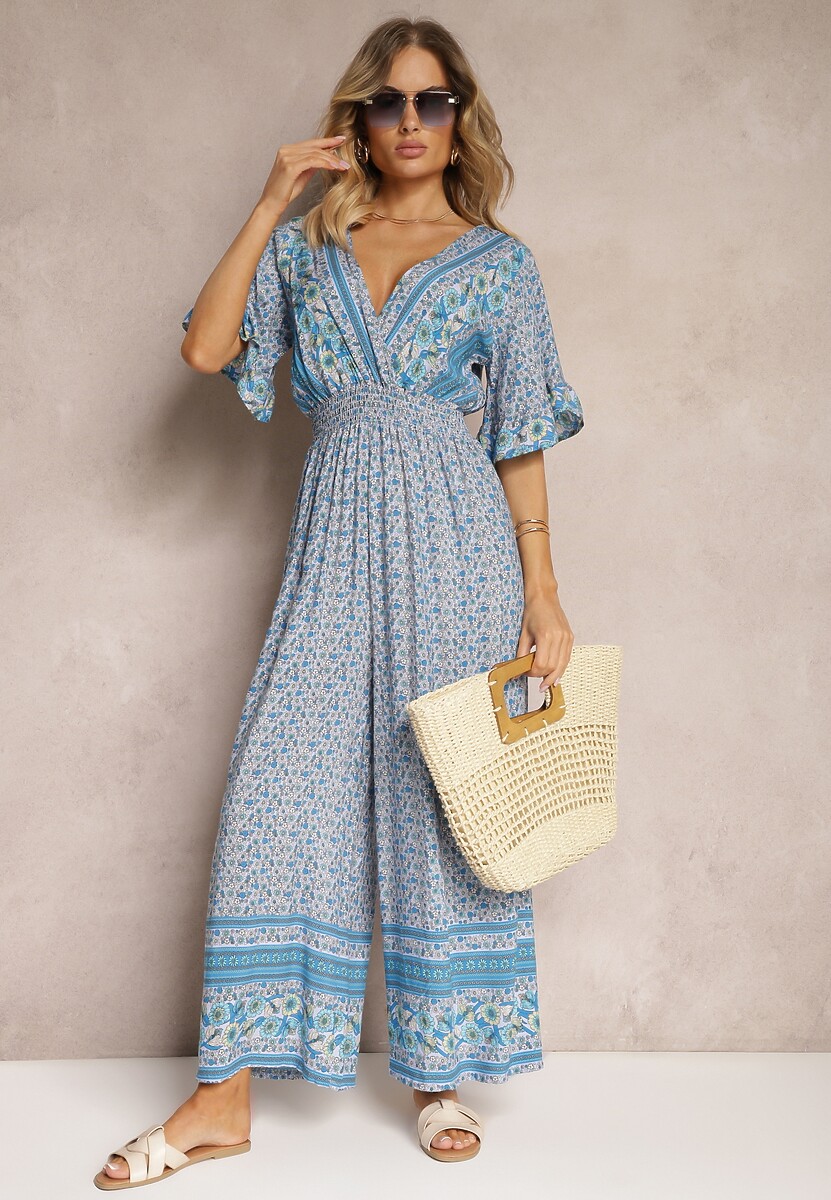 Niebieski Kopertowy Kombinezon Bawełniany z Cienkimi Gumeczkami w Pasie Zapinany na Szyi Orithiama