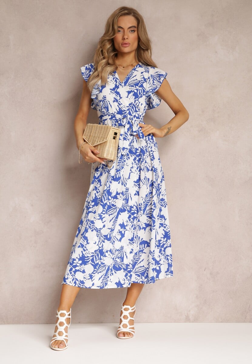 Granatowo-Biała Rozkloszowana Sukienka Maxi z Kopertowym Dekoltem w Kwiaty Sonnasa