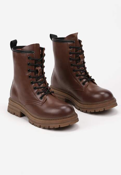 Brązowe Botki Workery na Płaskiej Podeszwie ze Sznurowaniem Arstela