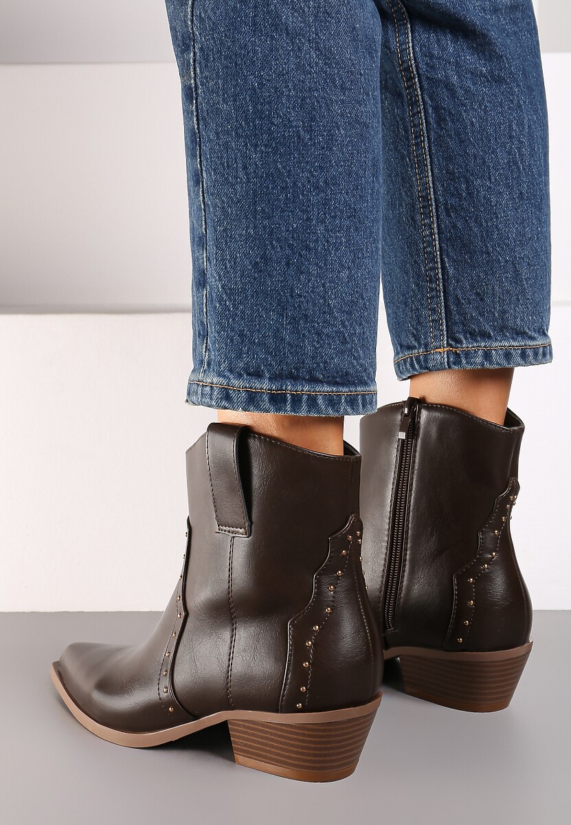 Brązowe Szpiczaste Botki w Stylu Kowbojskim z Nitami  Mevanta