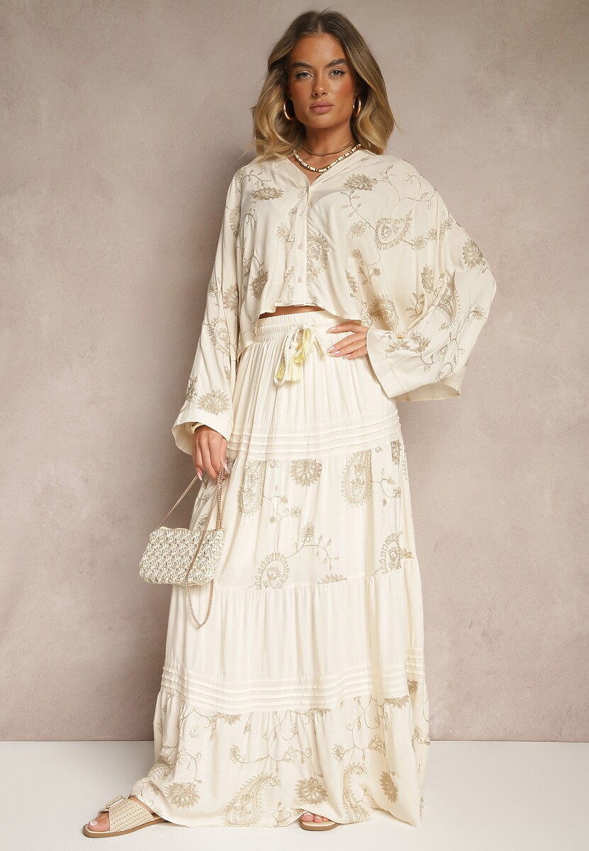 Beżowy Wiskozowy Komplet Boho z Koszulą o Nietoperzowym Kroju i Spódnicą Separia