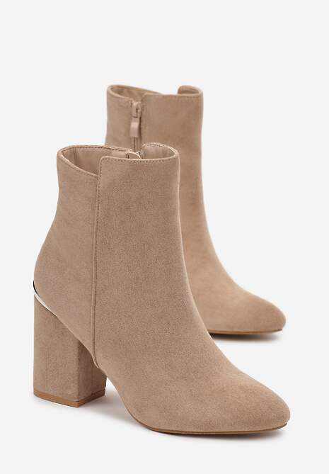 Ciemnobeżowe Botki na Obcasie z Imitacji Zamszu Giorgina
