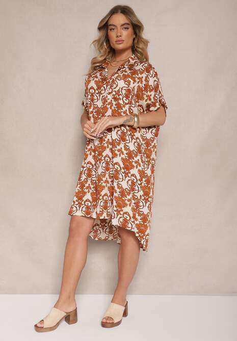 Brązowa Wiskozowa Sukienka o Koszulowym Kroju w Ornamentalny Wzór Inisaria