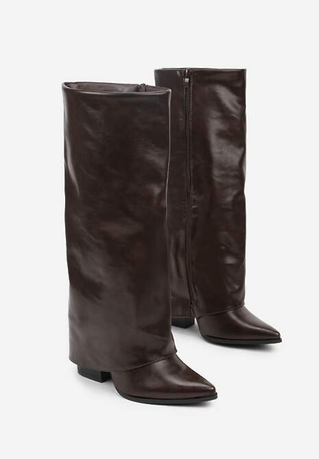 Brązowe Kozaki na Stożkowym Obcasie Ozdobione Wywiniętą Cholewką Nalunisa