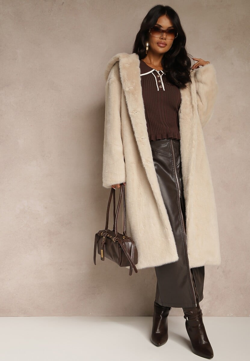 Beżowy Płaszcz z Pluszowego Futerka z Kapturem Zereva