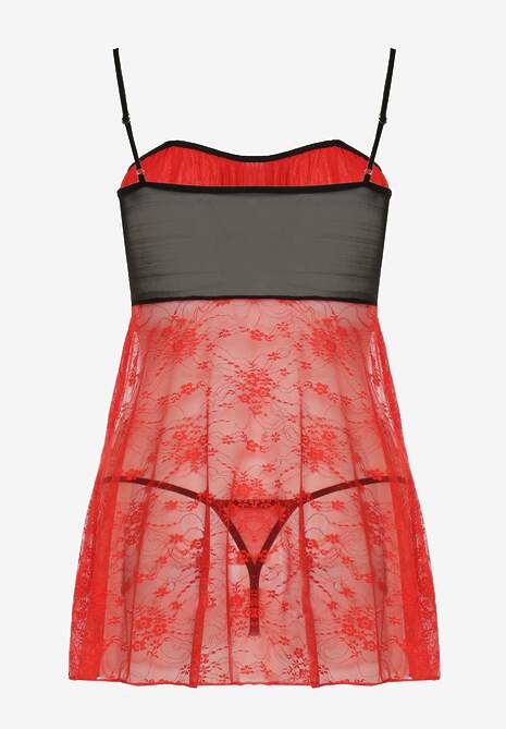 Czerwono-Czarna Koronkowa Koszula Nocna i Stringi z Kokardą Ericana