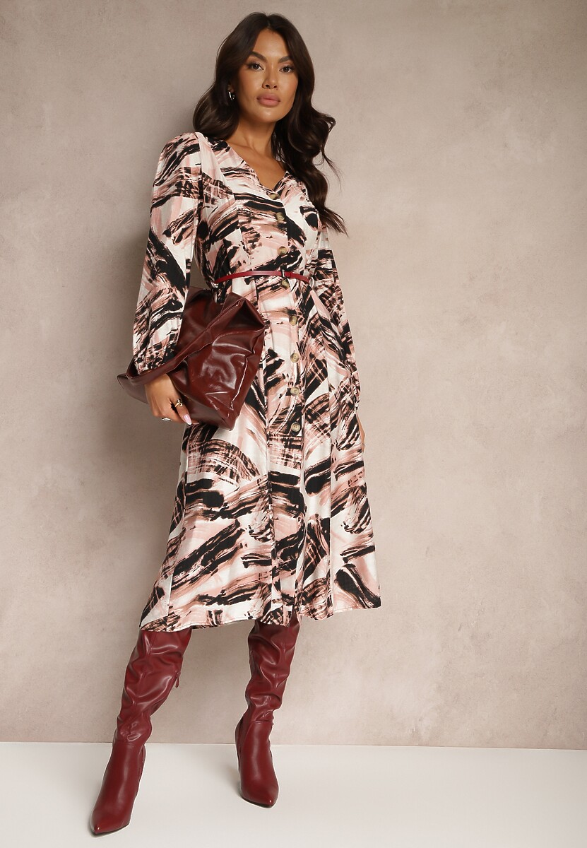 Jasnoróżowa Wzorzysta Sukienka z Wiskozą o Rozkloszowanym Kroju z Dodatkowym Paskiem Mirilie