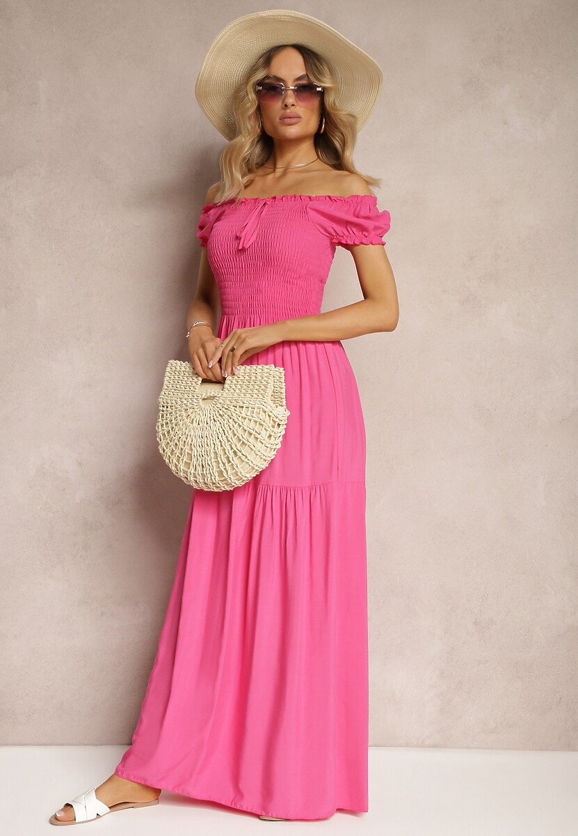 Różowa Sukienka Hiszpanka z Wiskozy z Górą Marszczoną Gumkami Moallme