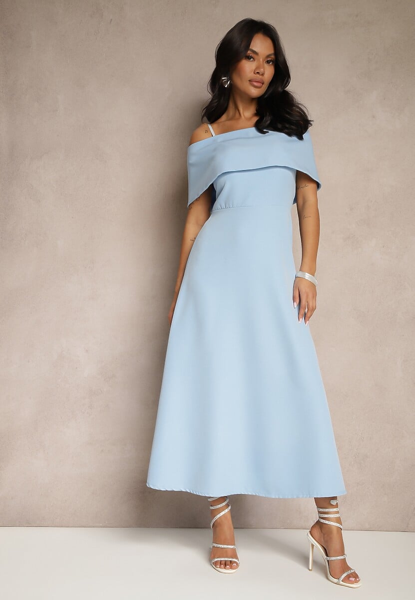 Niebieska Rozkloszowana Sukienka na Ramiączkach z Wywiniętym Dekoltem Jenavitia