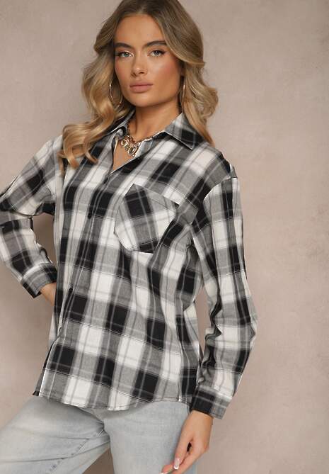 Czarno-Biała Bawełniana Koszula w Kratę z Pojedynczą Kieszonką Annisen