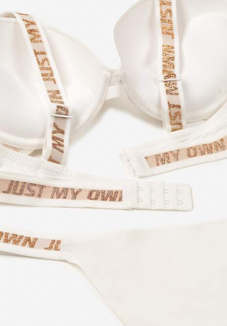 Jasnobeżowy Komplet Ozdobiony Napisami z Biustonoszem z Efektem Push-Up i Majtkami Bralicia