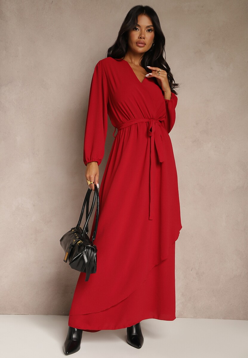 Czerwona Asymetryczna Koktajlowa Sukienka z Wiskozą Kopertowym Dekoltem i Paskiem Laniea