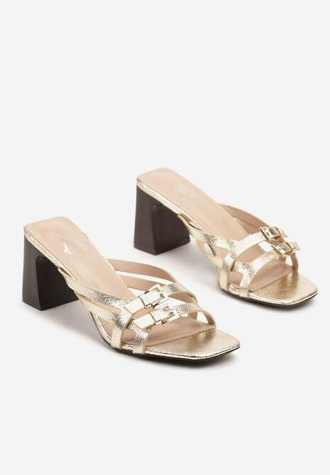 Złote Klapki na Słupku Ozdobione Klamrami i Paskami Yasfia