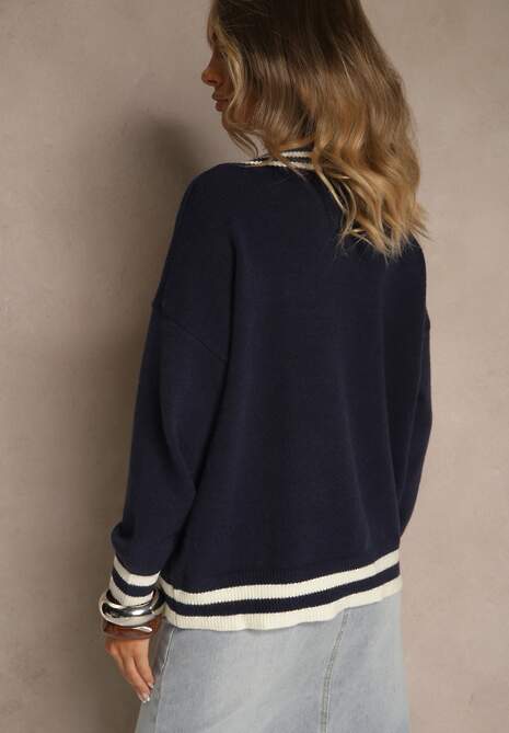 Granatowy Sweter Preppy z Dodatkiem Kaszmiru Lincire