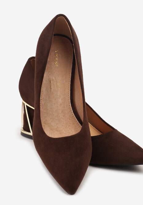 Brązowe Czółenka Vices na Słupku z Metalicznym Detalem i Wkładką ze Skóry Arvisin